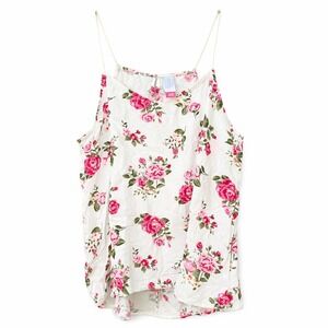 Juniors XL White Pink Floral Blouse Rose Spaghetti Strap Cottagecore Coquette
